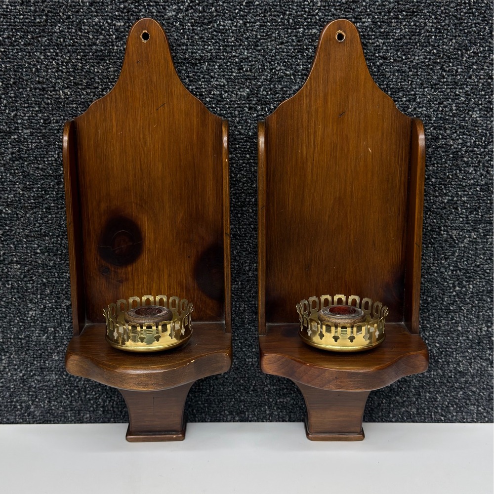 Vtg Wood Wall Sconces Pair Colonial Style Brass Candle Holders Farmhouse Decor